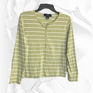 Jones Wear Sport Avocado Green & White Striped Cotton Shirt Women Large